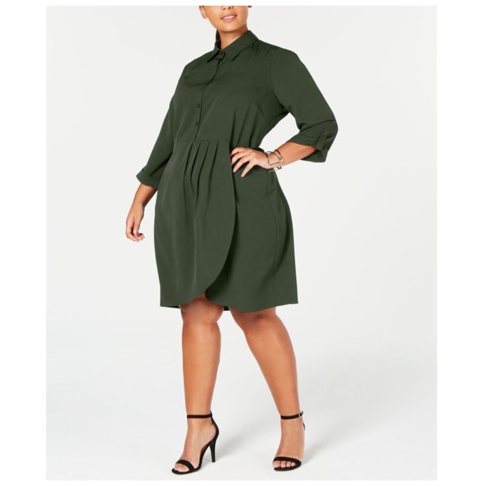 Love Squared Plus Faux Wrap Pleated Shirtdress in Olive Size 3X NWT